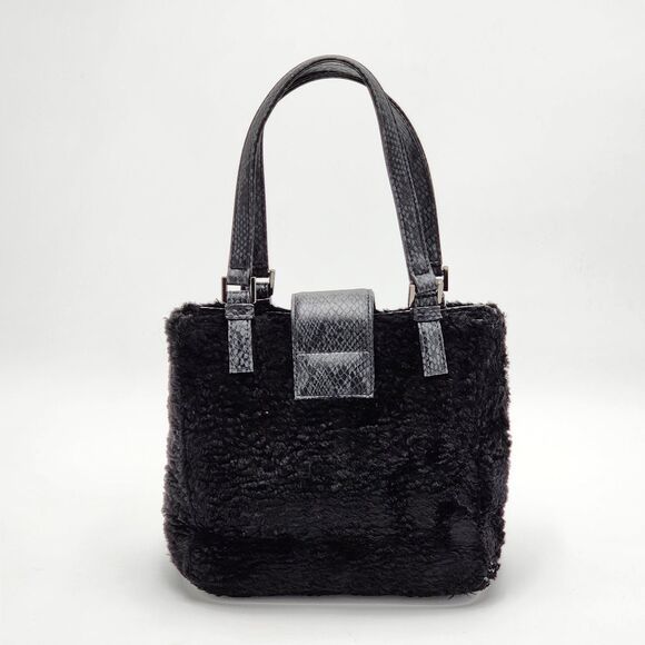 Guess Vintage Y2K Black Sherpa Fuzzy Mini Tote Handbag HTF - Picture 1 of 10